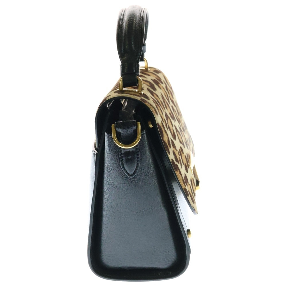 TOD'S(トッズ) Tタイムレス ロゴプレート ハラコ レオパード柄 レザー 2WAY ハンド ショルダーバッグ ゴールド金具 ブラック/ブラウン