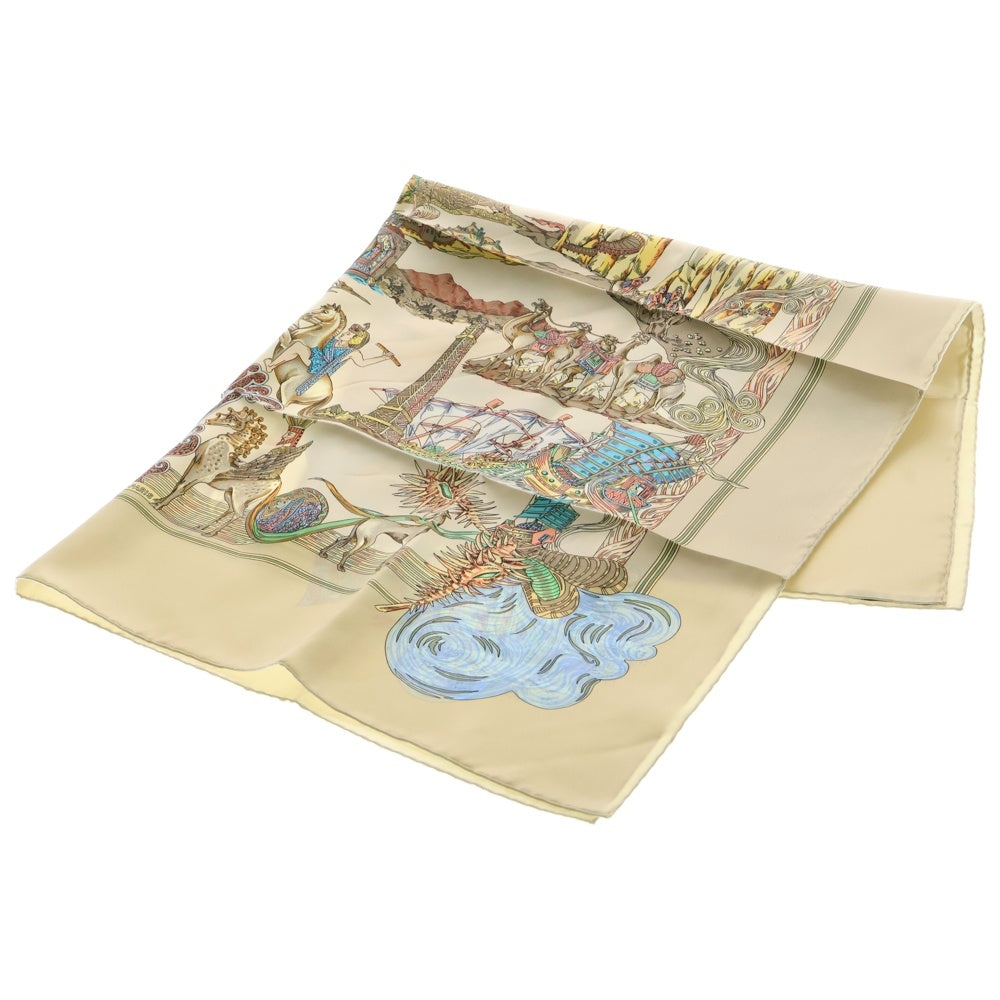HERMES(エルメス) カレ90 Au filde la sole 絹糸の赴くままに アイボリー シルク 大判 スカーフ