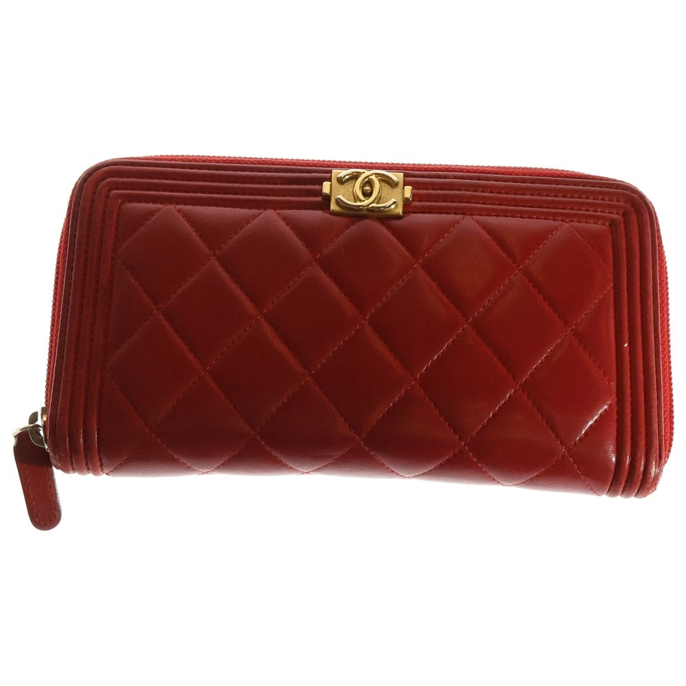 CHANEL(シャネル) ボーイシャネル ココマーク ラウンドファスナー ラムスキン レザー ロングウォレット 長財布 ゴールド金具 レッド 21番台