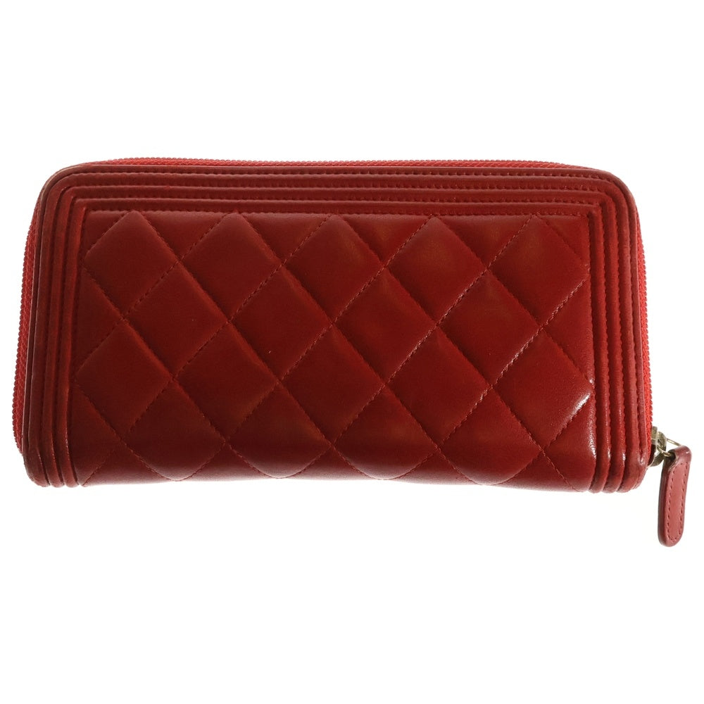 CHANEL(シャネル) ボーイシャネル ココマーク ラウンドファスナー ラムスキン レザー ロングウォレット 長財布 ゴールド金具 レッド 21番台