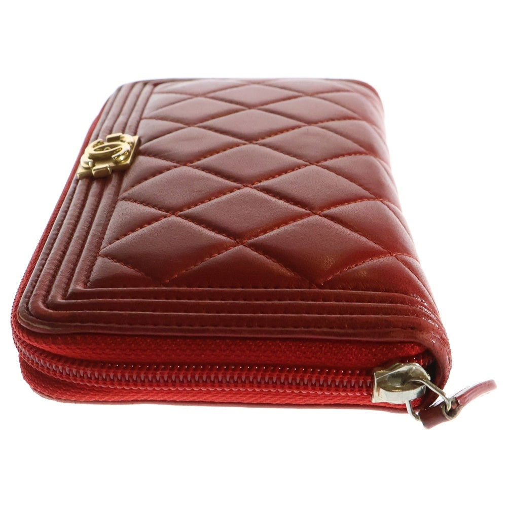 CHANEL(シャネル) ボーイシャネル ココマーク ラウンドファスナー ラムスキン レザー ロングウォレット 長財布 ゴールド金具 レッド 21番台