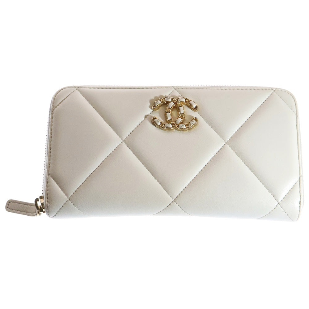 CHANEL(シャネル) シャネル19 ココマーク ラムスキン レザー ラウンドジップ ロングウォレット 長財布 ゴールド金具 ホワイト