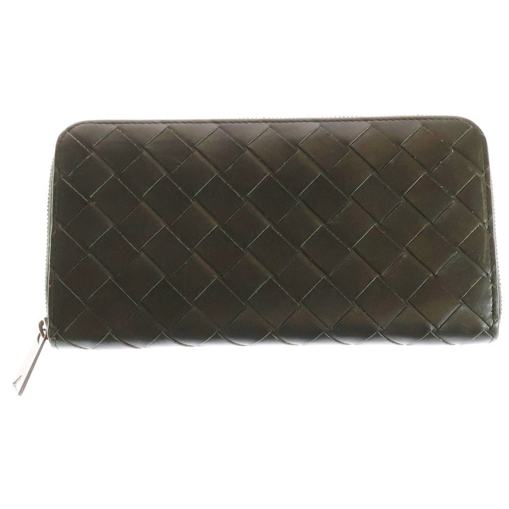 BOTTEGA VENETA(ボッテガヴェネタ) ラウンドジップ イントレチャート ロングウォレット 長財布 カードケース ダークグリーン レザー シルバー金具