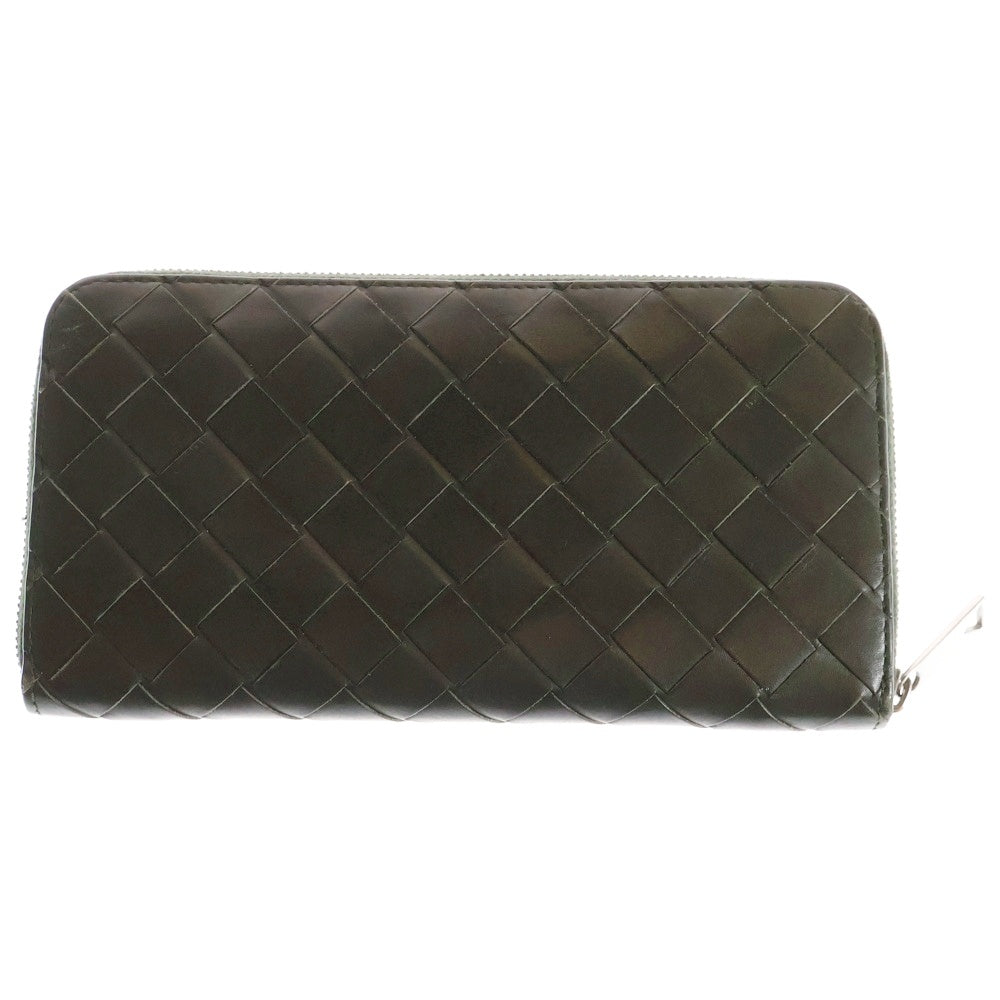 BOTTEGA VENETA(ボッテガヴェネタ) ラウンドジップ イントレチャート ロングウォレット 長財布 カードケース ダークグリーン レザー シルバー金具