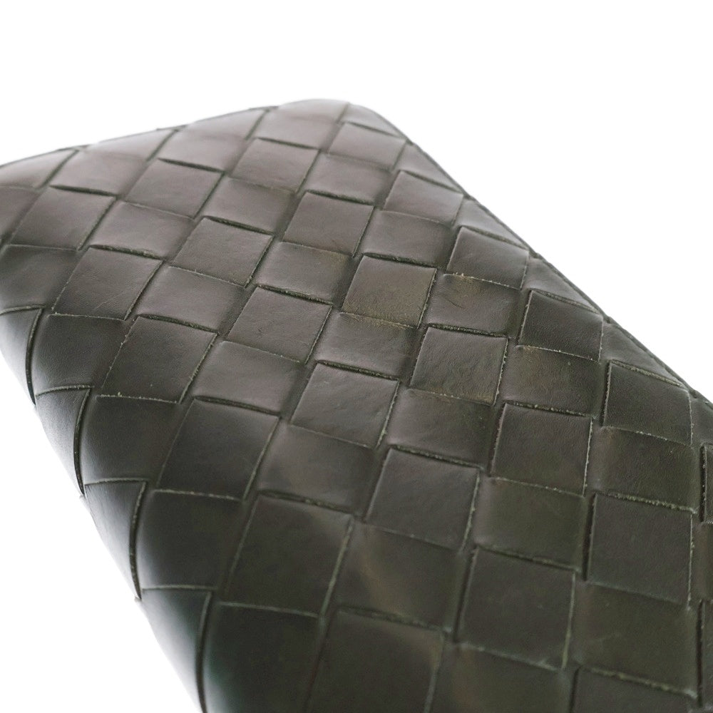 BOTTEGA VENETA(ボッテガヴェネタ) ラウンドジップ イントレチャート ロングウォレット 長財布 カードケース ダークグリーン レザー シルバー金具