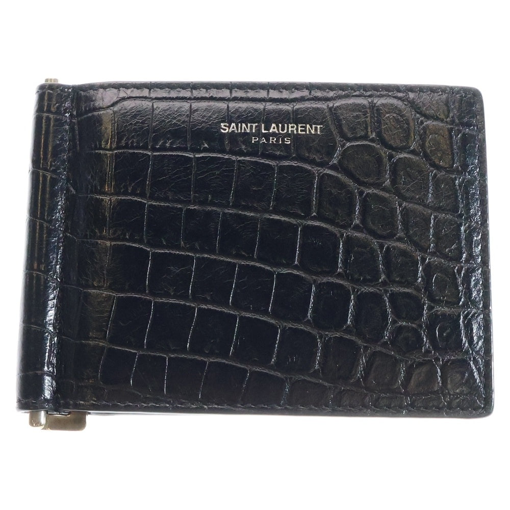 YVES SAINT LAURENT(イヴサンローラン) マネークリップ 二つ折り財布 ウォレット カードケース ブラック シルバー金具 クロコ
