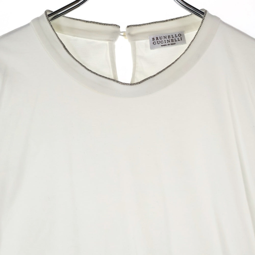 BRUNELLO CUCINELLI(ブルネロクチネリ) モニーレ装飾 ラインストーン クルーネック 半袖Tシャツ カットソー ホワイト レディース