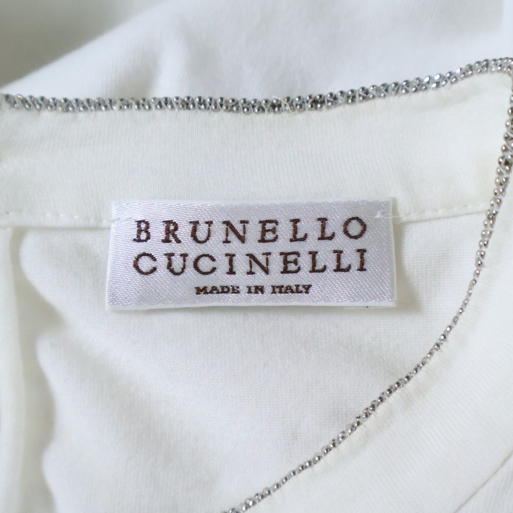 BRUNELLO CUCINELLI(ブルネロクチネリ) モニーレ装飾 ラインストーン クルーネック 半袖Tシャツ カットソー ホワイト レディース