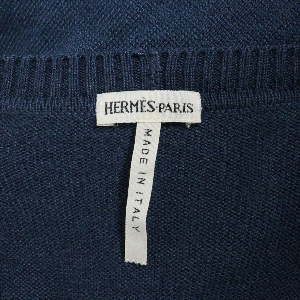 HERMES(エルメス) 馬具 チェーン総柄プリント シルク カシミヤ混ニット切り替え カーディガン ネイビー レディース