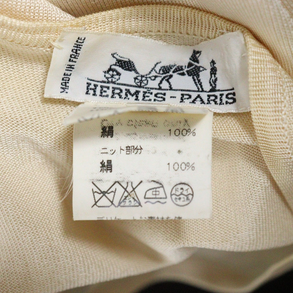 HERMES(エルメス) セリエボタン シルク カー プリント柄 スカーフ ニット切り替え クルーネック カーディガン ベージュ レディース