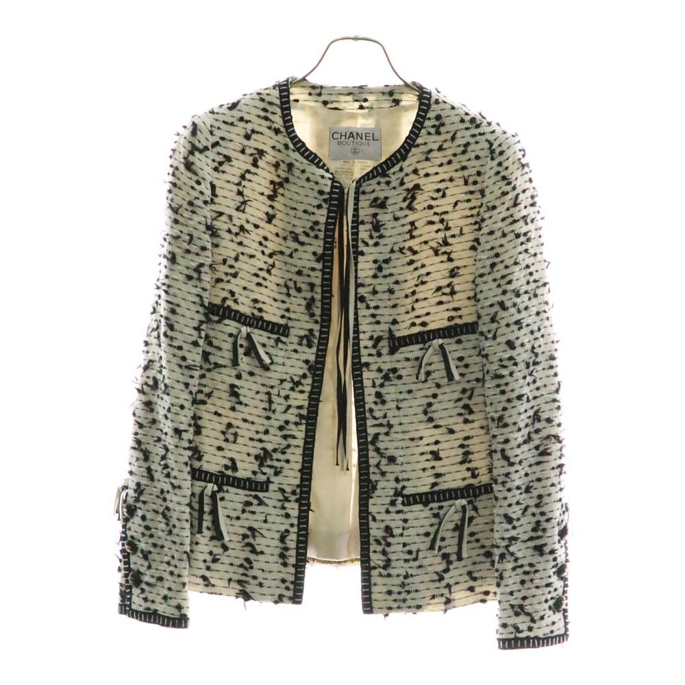 CHANEL(シャネル) 95C クルーズコレクション ツイード リボンデザイン ノーカラージャケット ホワイト/ブラック レディース P04218