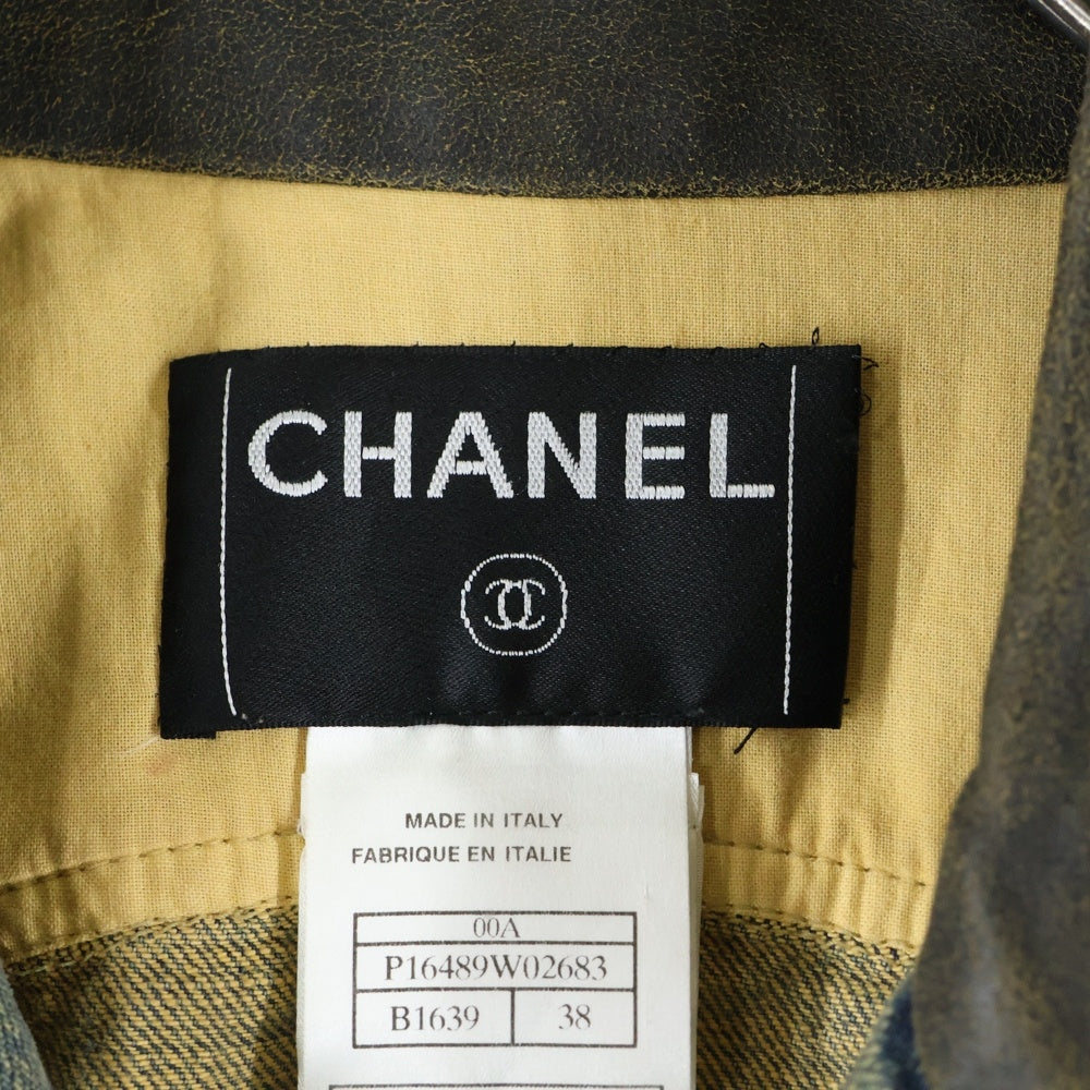 CHANEL(シャネル) 00AW ココマークボタン レザー切り替え ジップアップ デニム トラッカージャケット インディゴ/ブラウン レディース P16489W02683