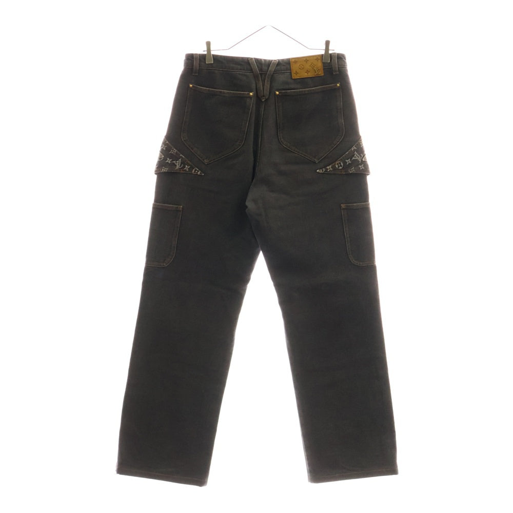 LOUIS VUITTON(ルイヴィトン) 23AW モノグラムフラワー 切り替え レザーロゴパッチ 裾ジップ ワイドストレートデニムパンツ ジーンズ グレー RM232 Y92 HPD92W