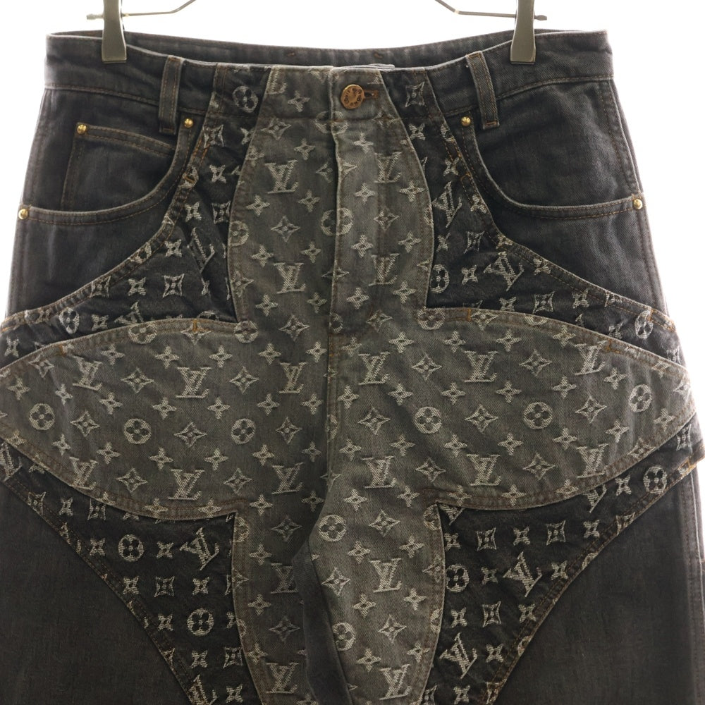 LOUIS VUITTON(ルイヴィトン) 23AW モノグラムフラワー 切り替え レザーロゴパッチ 裾ジップ ワイドストレートデニムパンツ ジーンズ グレー RM232 Y92 HPD92W
