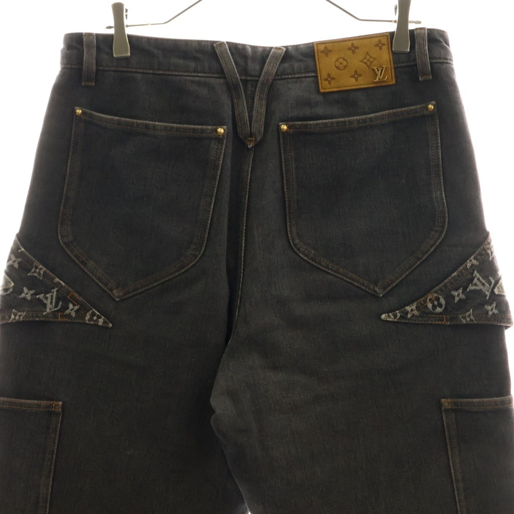 LOUIS VUITTON(ルイヴィトン) 23AW モノグラムフラワー 切り替え レザーロゴパッチ 裾ジップ ワイドストレートデニムパンツ ジーンズ グレー RM232 Y92 HPD92W