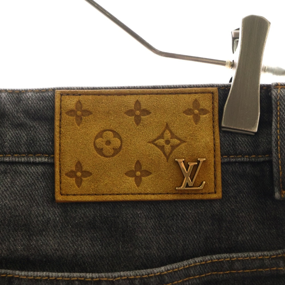 LOUIS VUITTON(ルイヴィトン) 23AW モノグラムフラワー 切り替え レザーロゴパッチ 裾ジップ ワイドストレートデニムパンツ ジーンズ グレー RM232 Y92 HPD92W