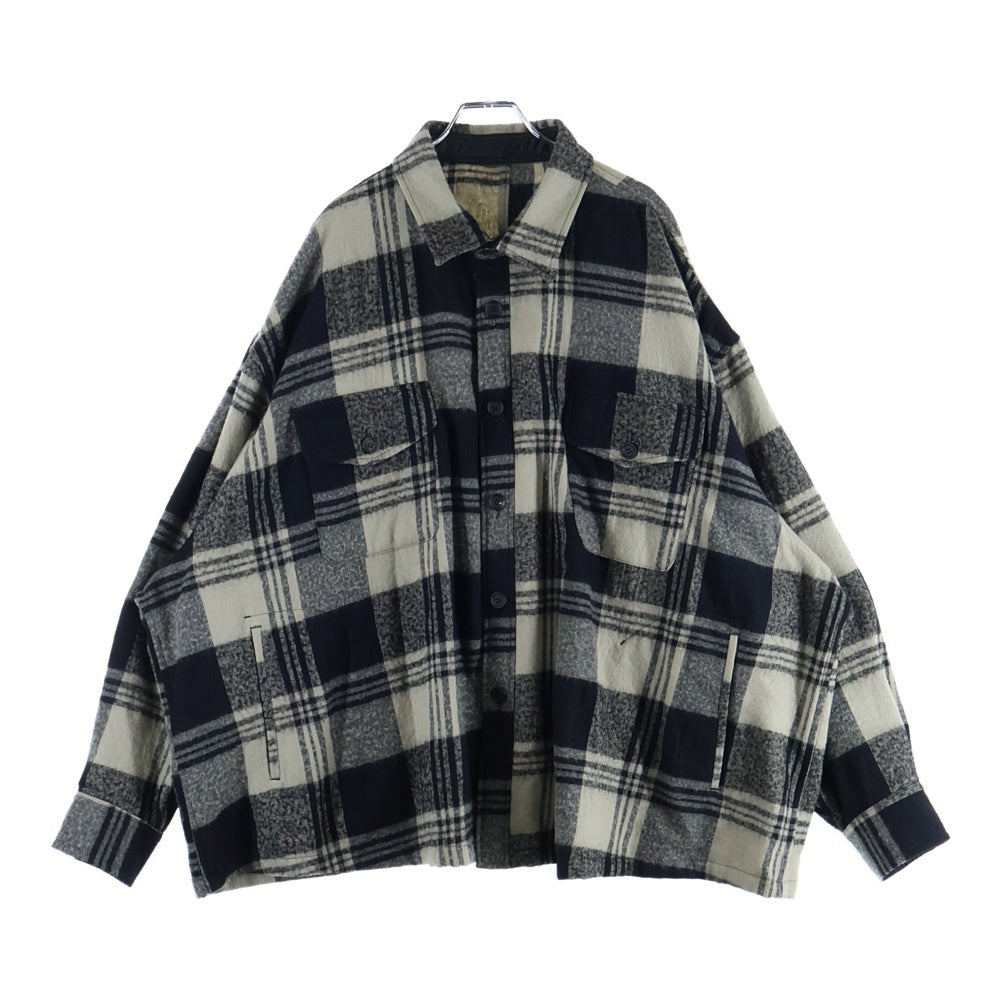 s'yte(サイト) 23AW チェック総柄 コットン ウール オーバーサイズ フランネル シャツジャケット ベージュ/ブラック UU-B10-008-1-03
