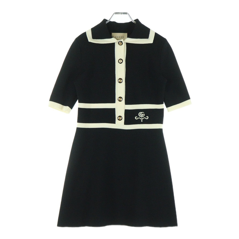 GUCCI(グッチ) GGピケ ロゴ刺繍 ウールニット コントラストトリム ワンピース ドレス ブラック レディース 681306