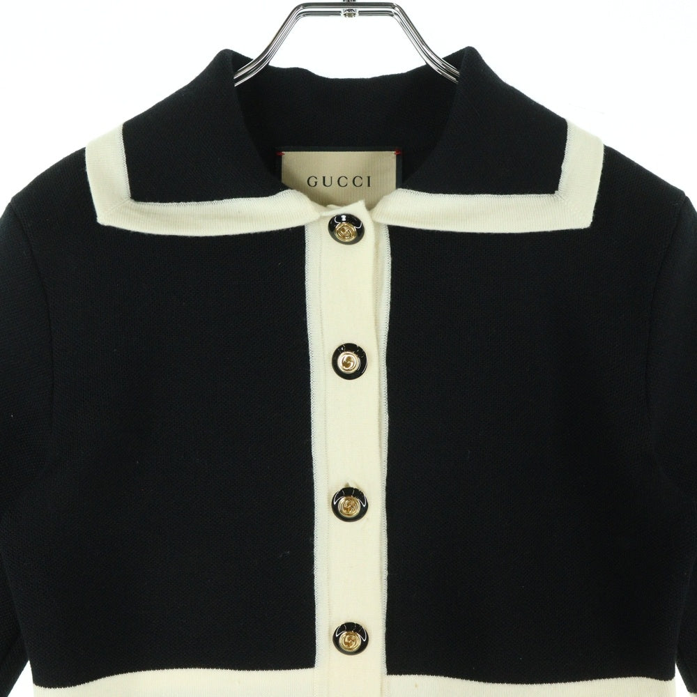 GUCCI(グッチ) GGピケ ロゴ刺繍 ウールニット コントラストトリム ワンピース ドレス ブラック レディース 681306