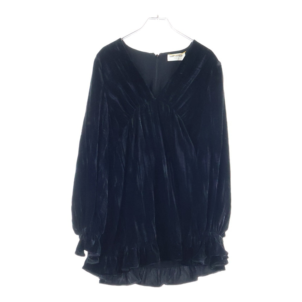 SAINT LAURENT PARIS(サンローランパリ) Vネック ベロア ベルベット ギャザー 長袖 ミニワンピース ドレス ブラック レディース 682087