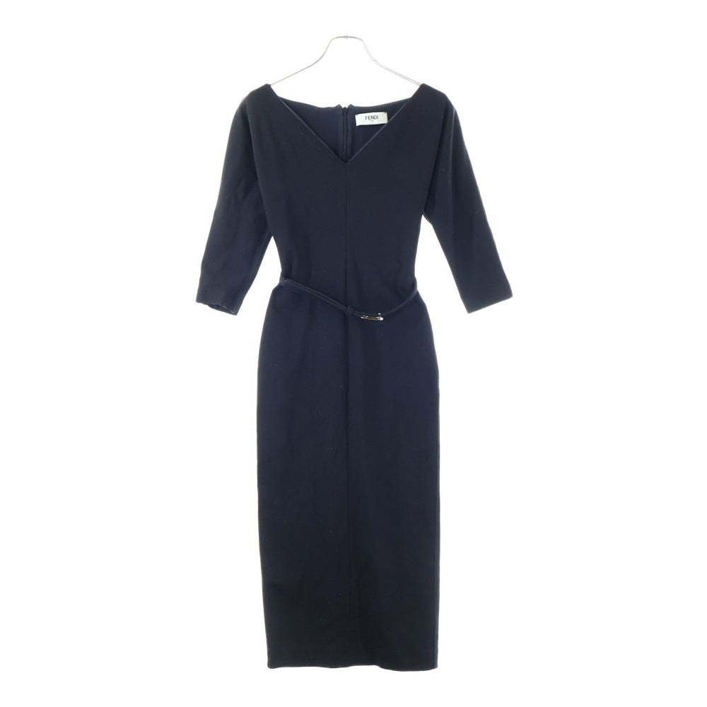 FENDI(フェンディ) FFロゴバックル ベルト Vネック ウールニット ハーフスリーブ 五分袖 ロング ワンピース ドレス ブラック レディース FDB707 AIDE