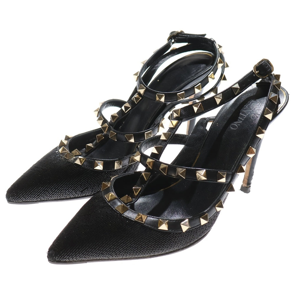 VALENTINO(ヴァレンティノ) ロックスタッズ ビーズ刺繍 ヒール レザー ストラップ パンプス シューズ ブラック レディース