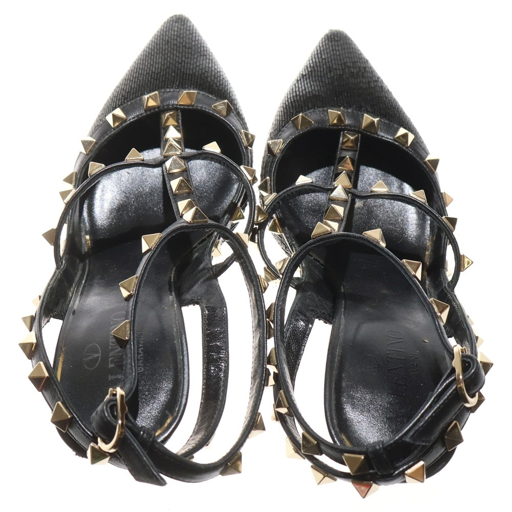 VALENTINO(ヴァレンティノ) ロックスタッズ ビーズ刺繍 ヒール レザー ストラップ パンプス シューズ ブラック レディース