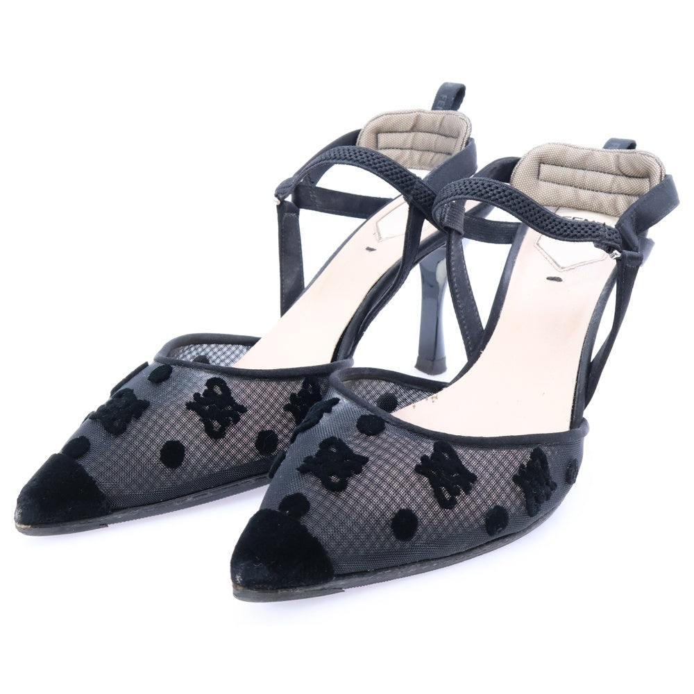 FENDI(フェンディ) FFロゴ ドット柄 ベロア シースルー ヒール ストラップ パンプス シューズ ブラック レディース