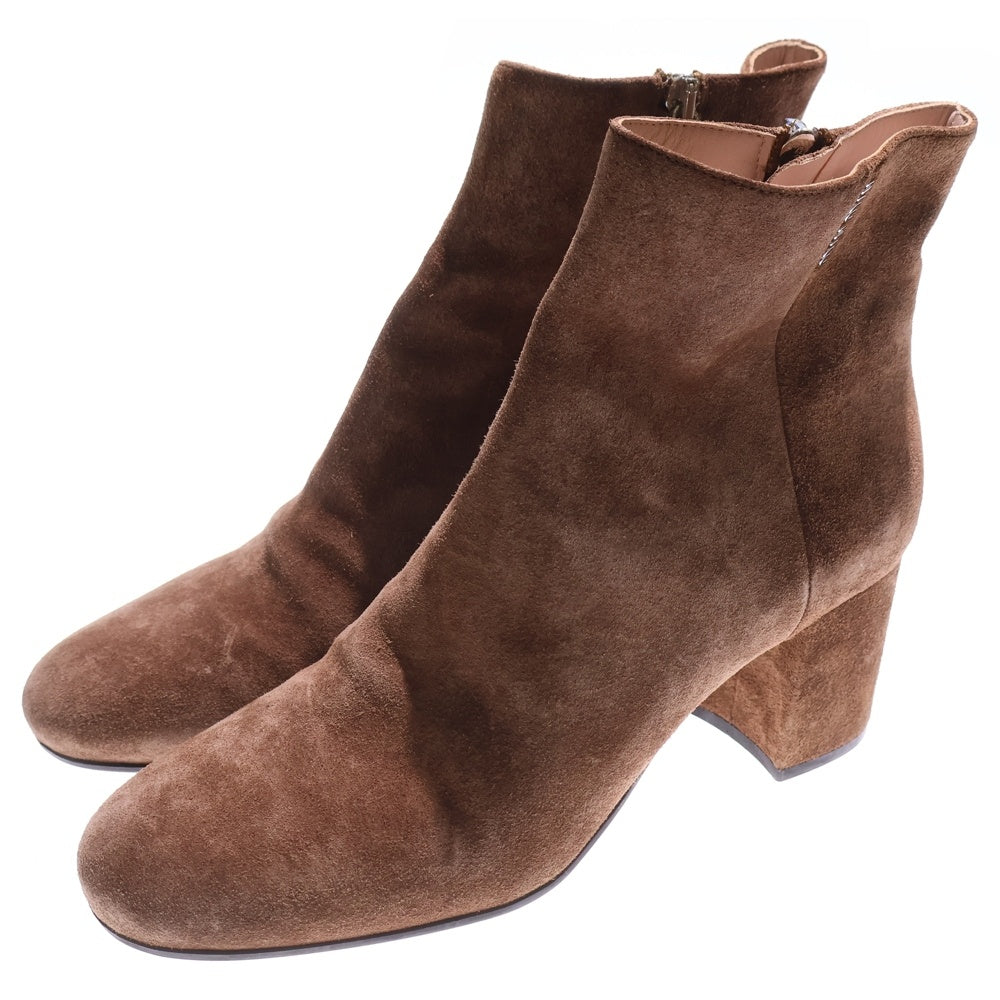 miumiu(ミュウミュウ) ロゴプレート スエードレザー ヒール サイドジップ ハイカット ショートブーツ シューズ ブラウン レディース