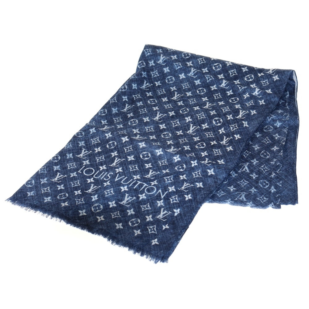 LOUIS VUITTON(ルイヴィトン) ストール エトール モノグラム デニム 総柄 コットン フリンジ スカーフ インディゴ/ブルー FF0139
