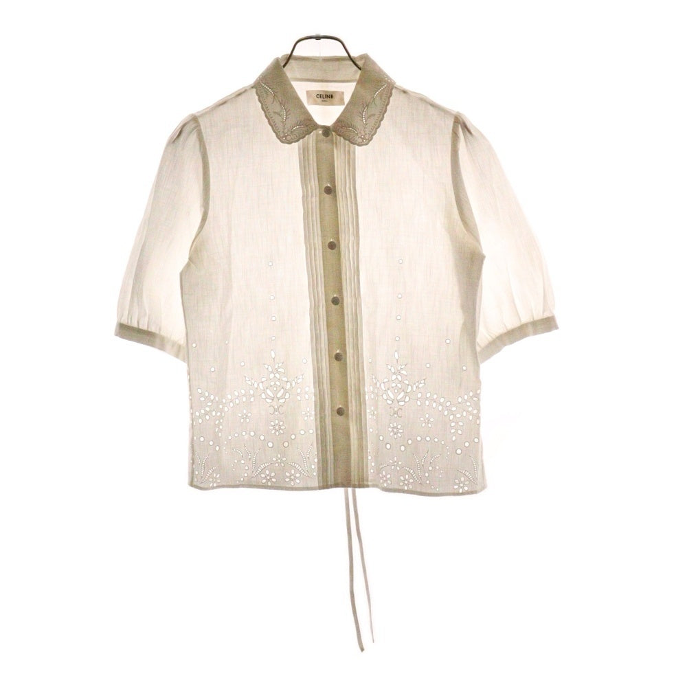 CELINE(セリーヌ) トリオンフ ボタン コットン レース刺繍 パフスリーブ 半袖 シャツ ブラウス ホワイト レディース 2B499122I
