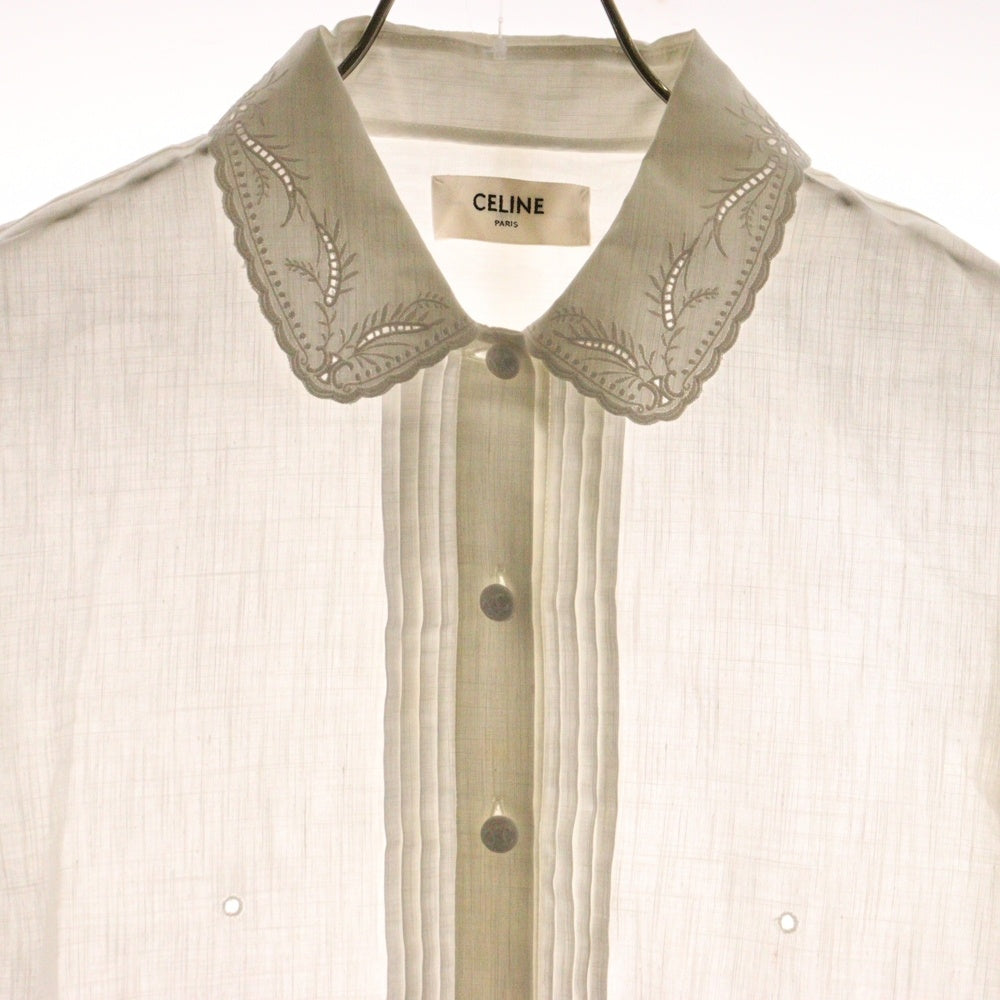 CELINE(セリーヌ) トリオンフ ボタン コットン レース刺繍 パフスリーブ 半袖 シャツ ブラウス ホワイト レディース 2B499122I