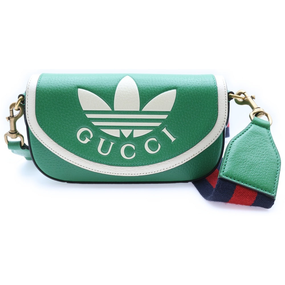 GUCCI(グッチ) ×adidas アディダス トレフォイル エンボスロゴ レザー ウェブライン ショルダーバッグ ゴールド金具 グリーン 727791