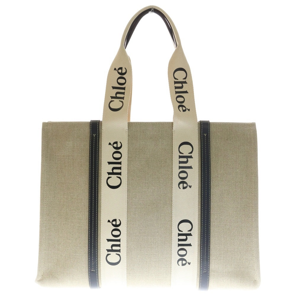 Chloe(クロエ) ウッディ ラージ ロゴプリント キャンバス レザー ショルダー トートバッグ ベージュ 21US382