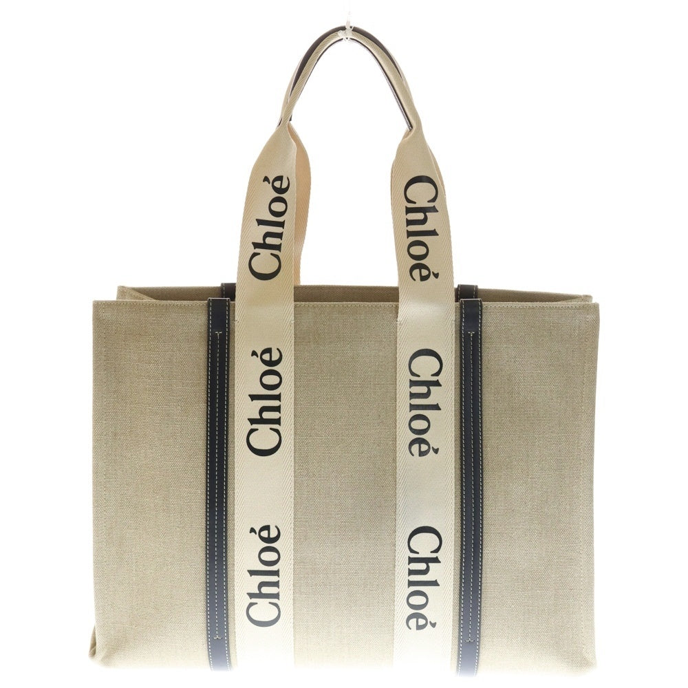 Chloe(クロエ) ウッディ ラージ ロゴプリント キャンバス レザー ショルダー トートバッグ ベージュ 21US382