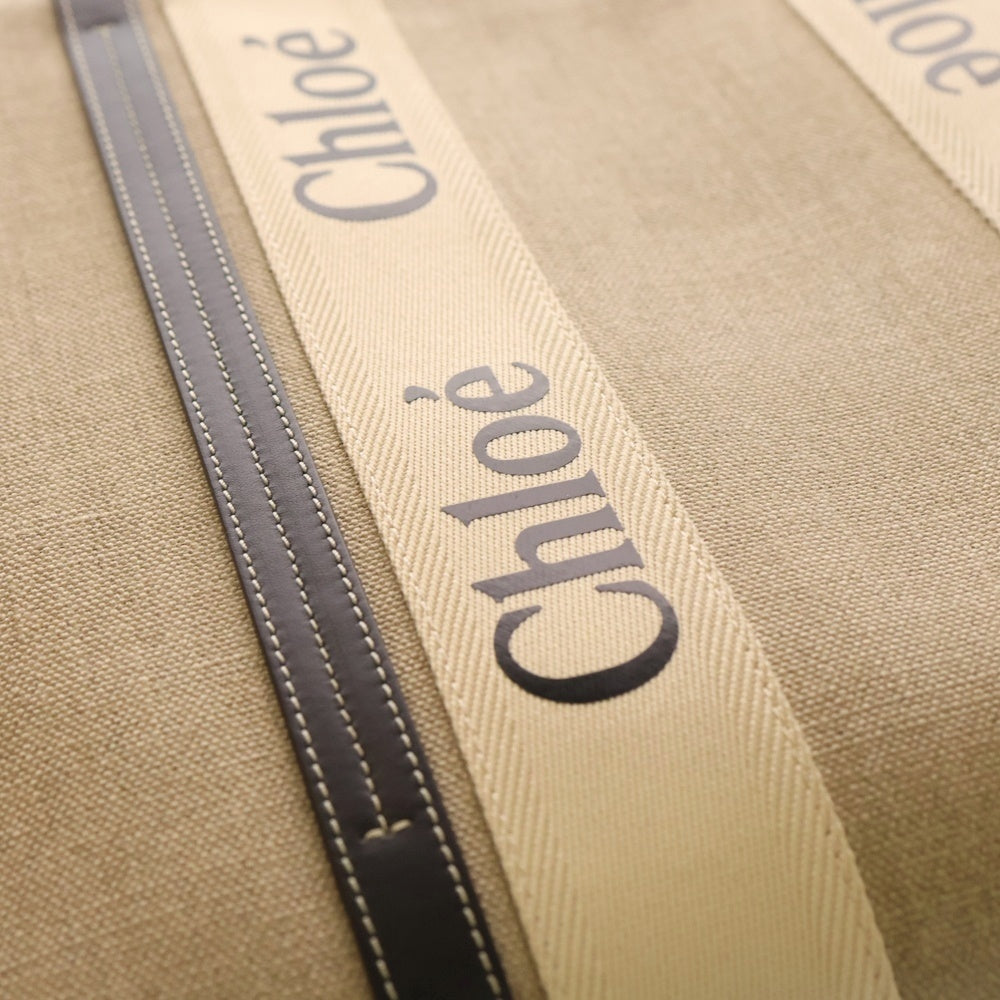 Chloe(クロエ) ウッディ ラージ ロゴプリント キャンバス レザー ショルダー トートバッグ ベージュ 21US382