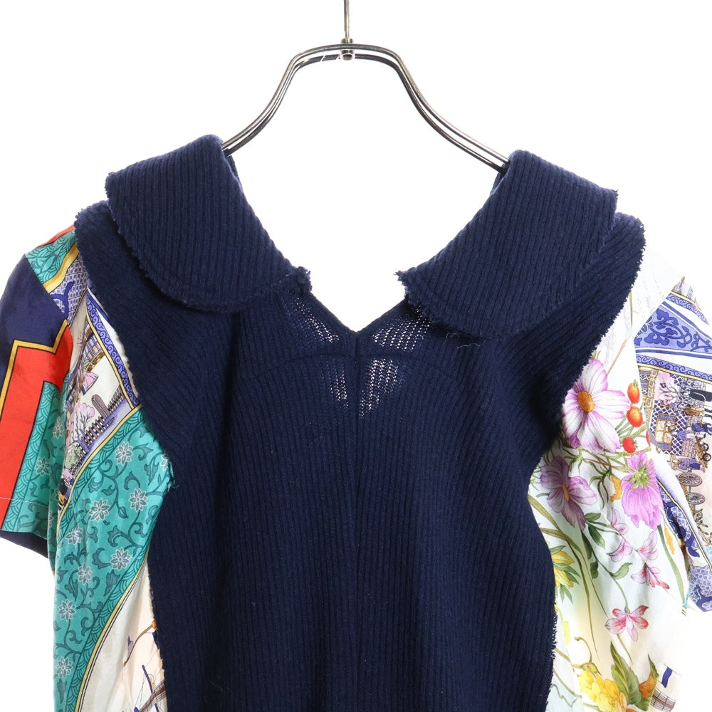 COMME des GARCONS(コムデギャルソン) 14AW AD2014 シルクスカーフ切り替え ウールニット 丸襟 半袖ロング フレア ワンピース ネイビー レディース GN-O040