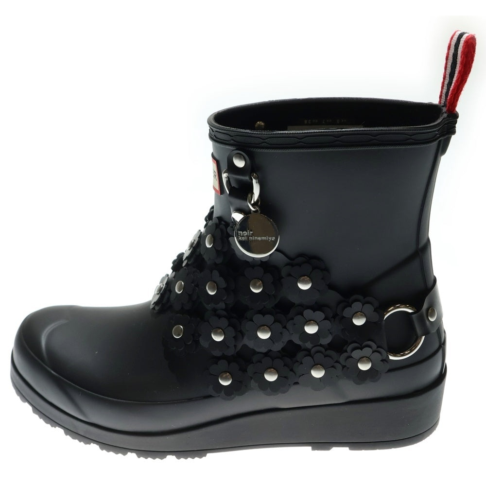 HUNTER(ハンター) ×noir kei ninomiya ノワール ケイニノミヤ フラワー装飾 スタッズ ラバー レイン ショートブーツ シューズ ブラック レディース