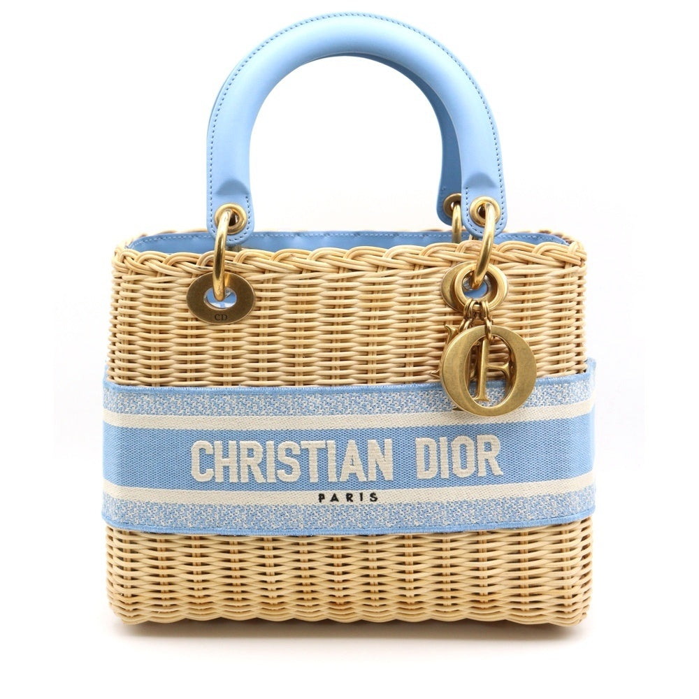 Christian Dior(クリスチャンディオール) レディディオール ミディアム ウィッカー ハンドバッグ ショルダーバッグ カゴバッグ ライトブルー×ベージュ ラタン×レザー×キャンバス ゴールド金具