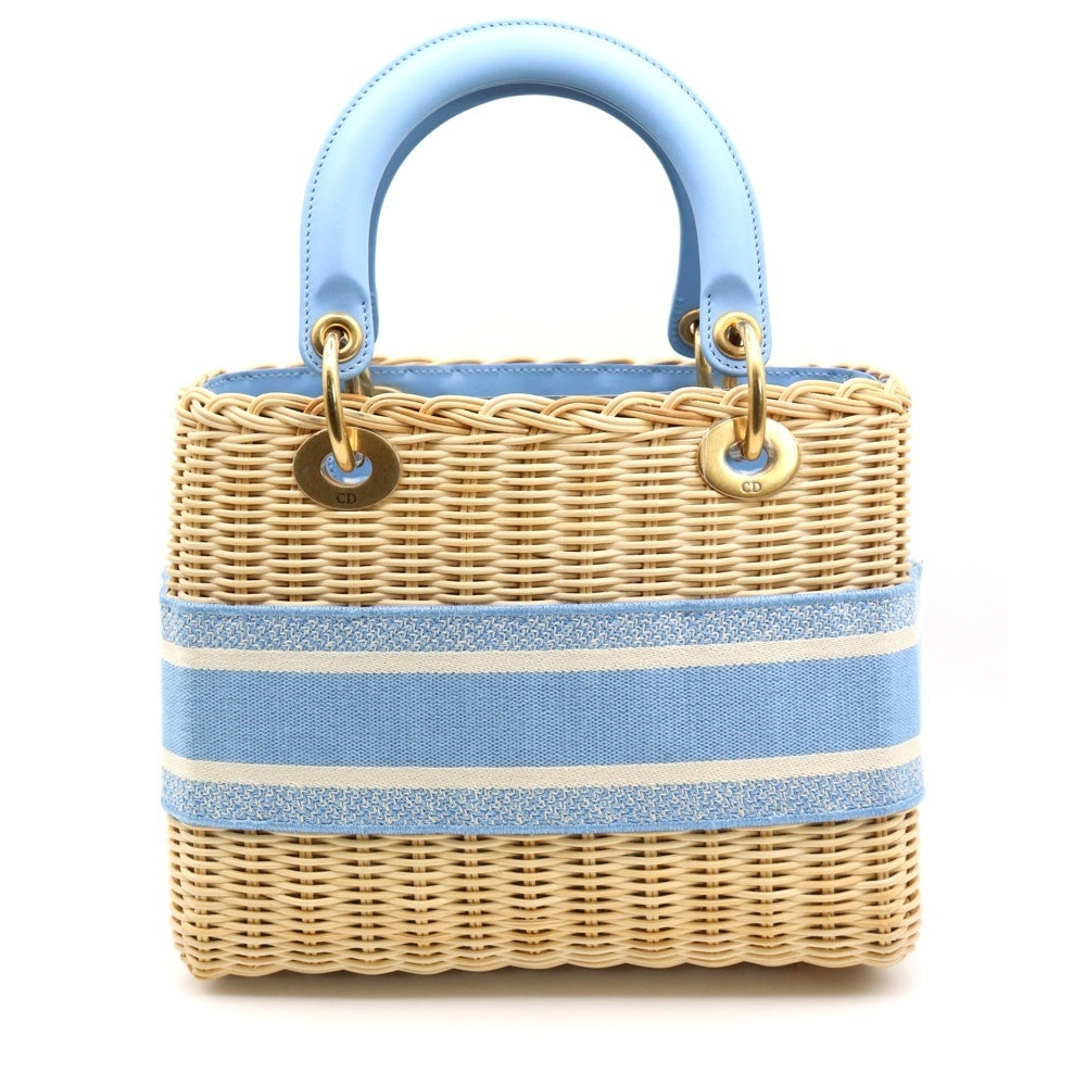 Christian Dior(クリスチャンディオール) レディディオール ミディアム ウィッカー ハンドバッグ ショルダーバッグ カゴバッグ ライトブルー×ベージュ ラタン×レザー×キャンバス ゴールド金具