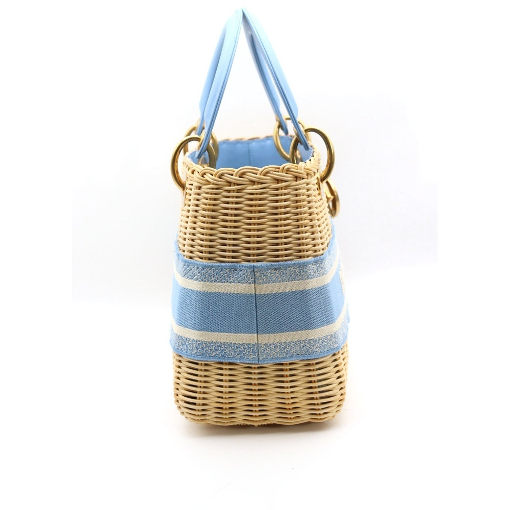 Christian Dior(クリスチャンディオール) レディディオール ミディアム ウィッカー ハンドバッグ ショルダーバッグ カゴバッグ ライトブルー×ベージュ ラタン×レザー×キャンバス ゴールド金具