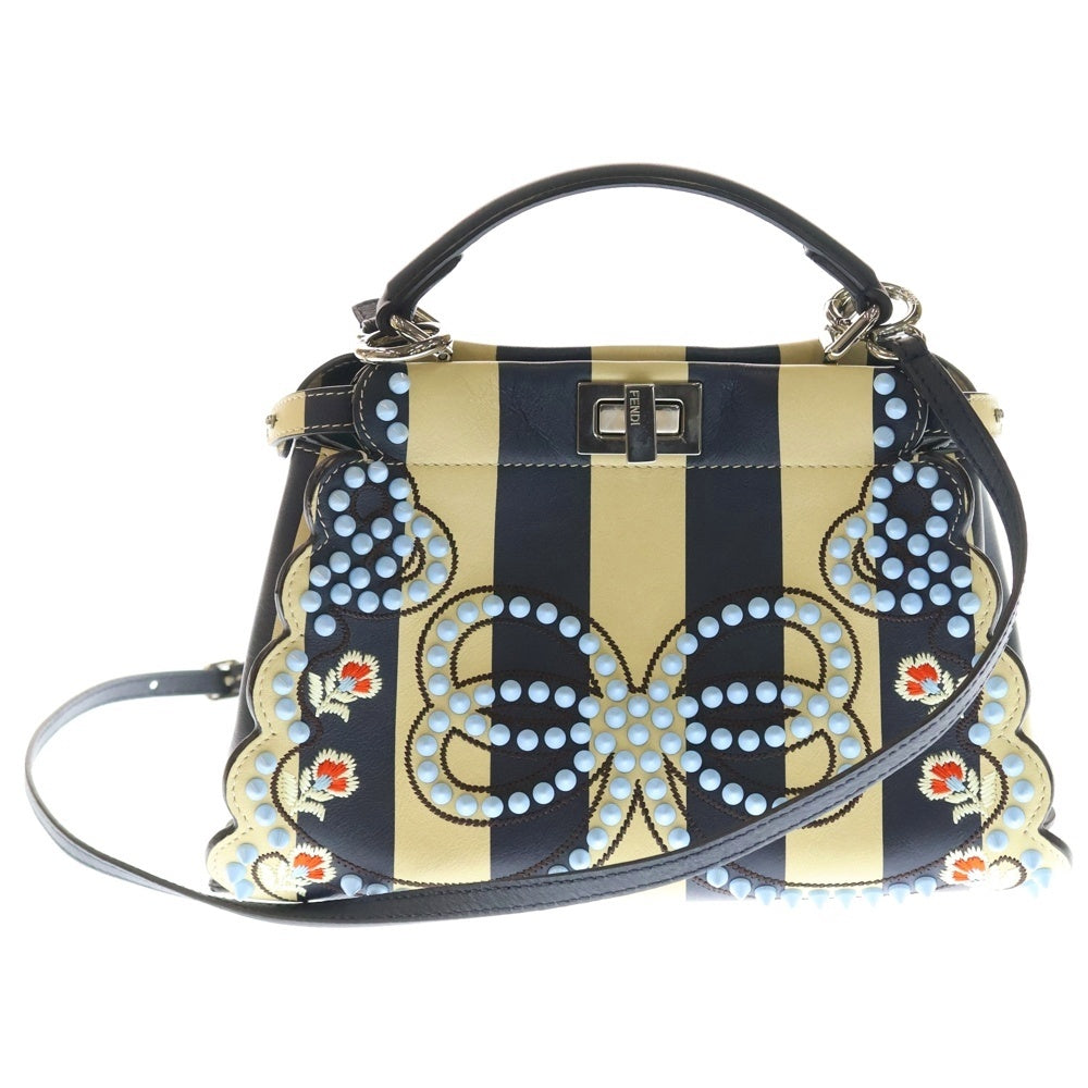 FENDI(フェンディ) ピーカブーミニ 2WAY フラワー刺繍 スタッズレザーハンドバッグ ショルダーバッグ ブラック/ベージュ/ライトブルー SV金具 8BN244