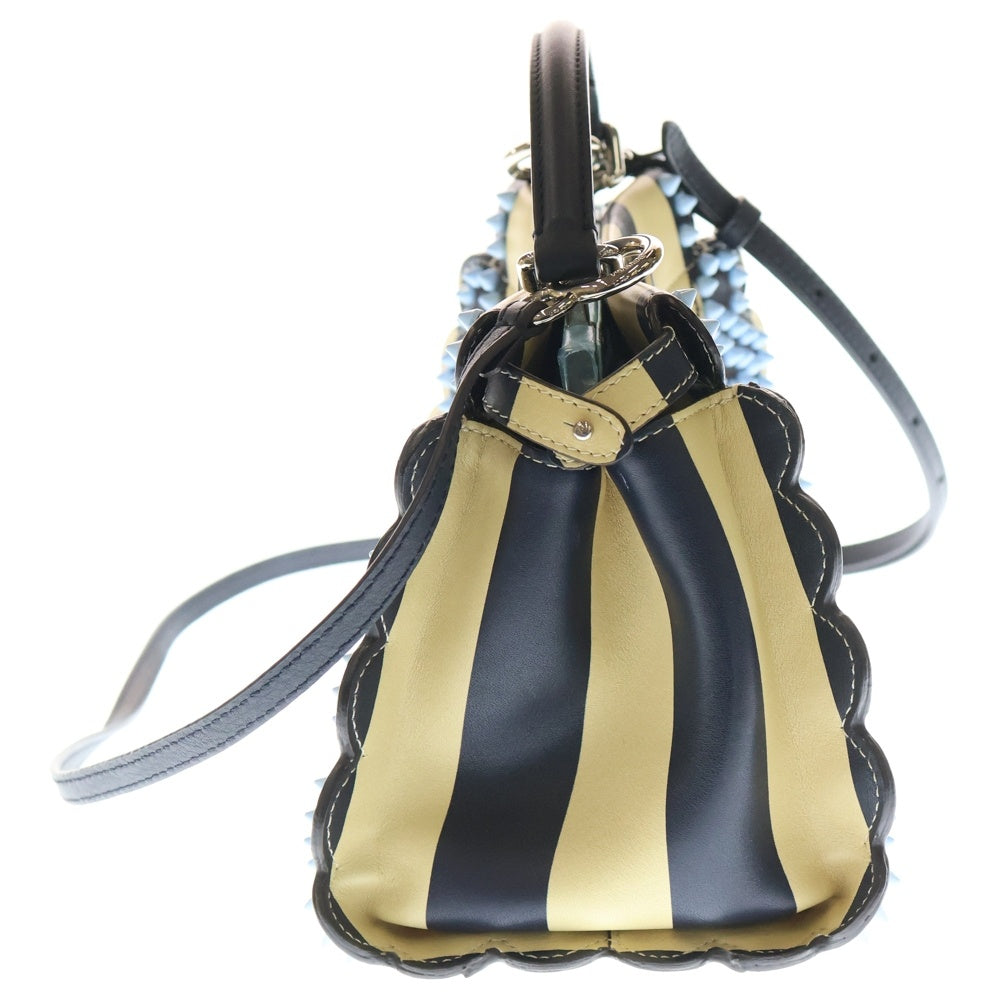 FENDI(フェンディ) ピーカブーミニ 2WAY フラワー刺繍 スタッズレザーハンドバッグ ショルダーバッグ ブラック/ベージュ/ライトブルー SV金具 8BN244