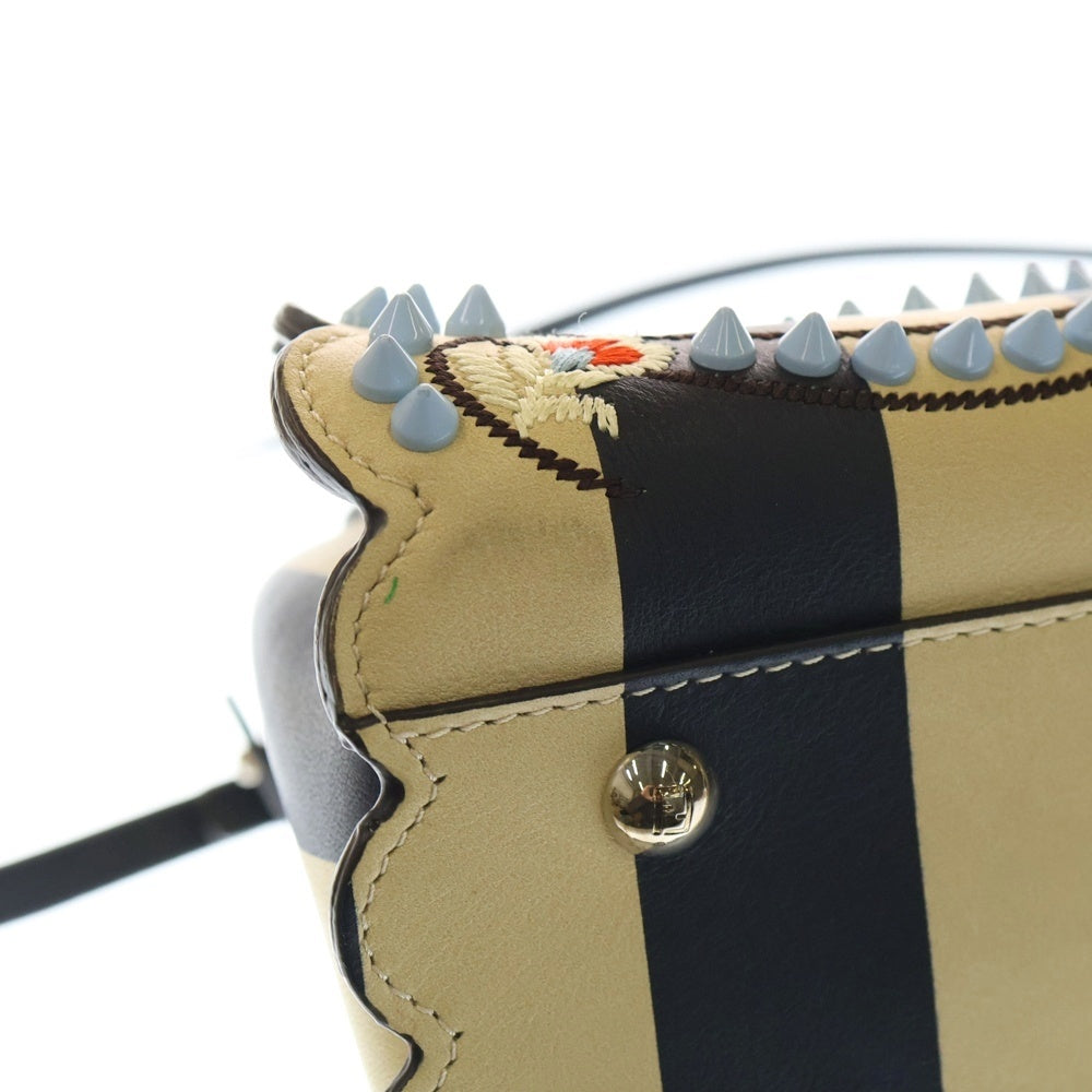 FENDI(フェンディ) ピーカブーミニ 2WAY フラワー刺繍 スタッズレザーハンドバッグ ショルダーバッグ ブラック/ベージュ/ライトブルー SV金具 8BN244