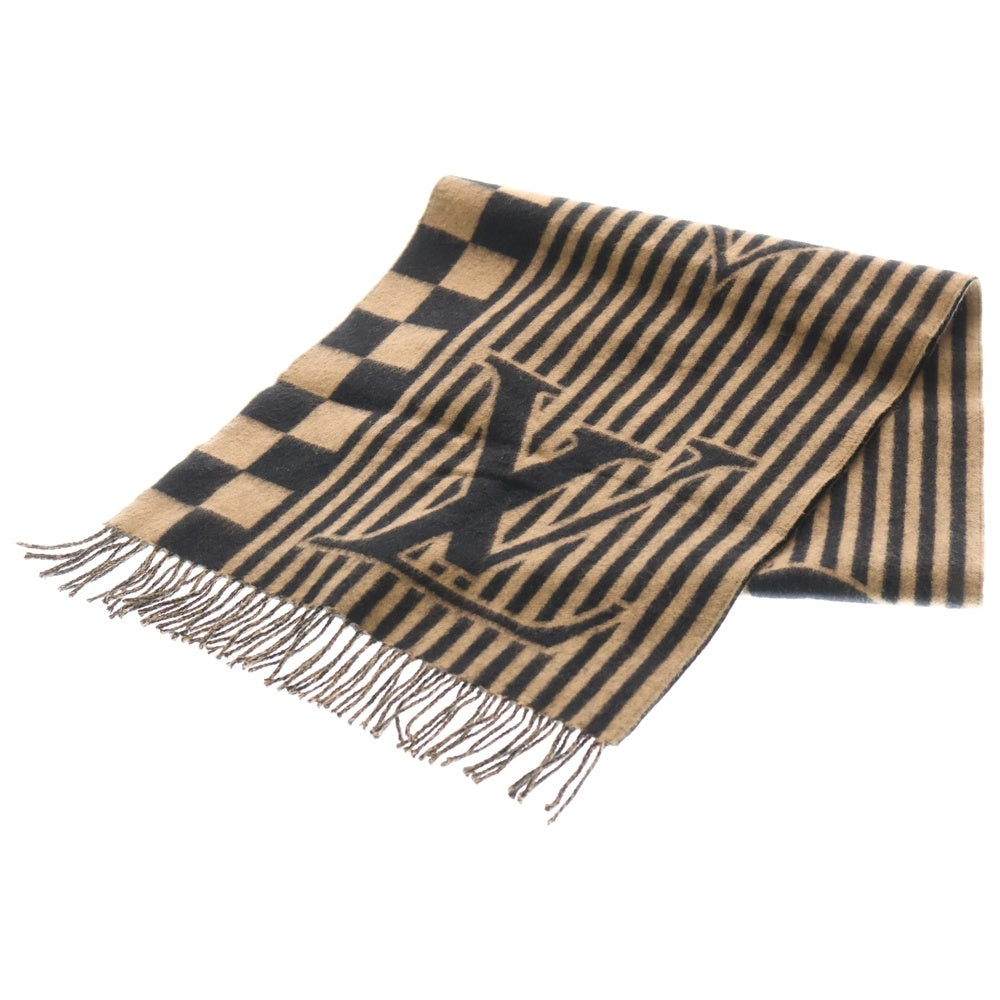 LOUIS VUITTON(ルイヴィトン) エシャルプ LVグラフィカル チェック×ストライプ柄フリンジ付カシミヤマフラー ブラック/ベージュ M00498 レディース