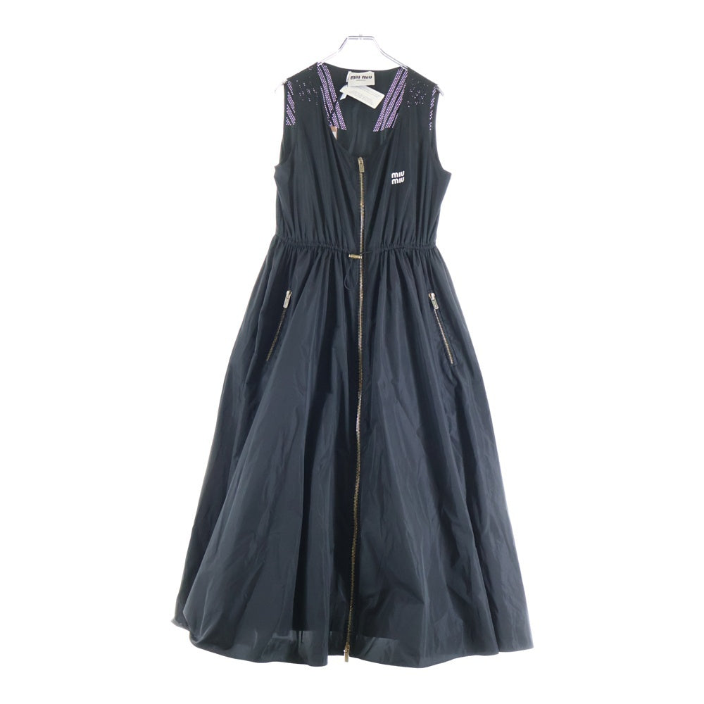 miumiu(ミュウミュウ) 22SS シルクテック ラバーロゴ ジップアップ ノースリーブ ロング フレア ワンピース ブラック レディース MF4790