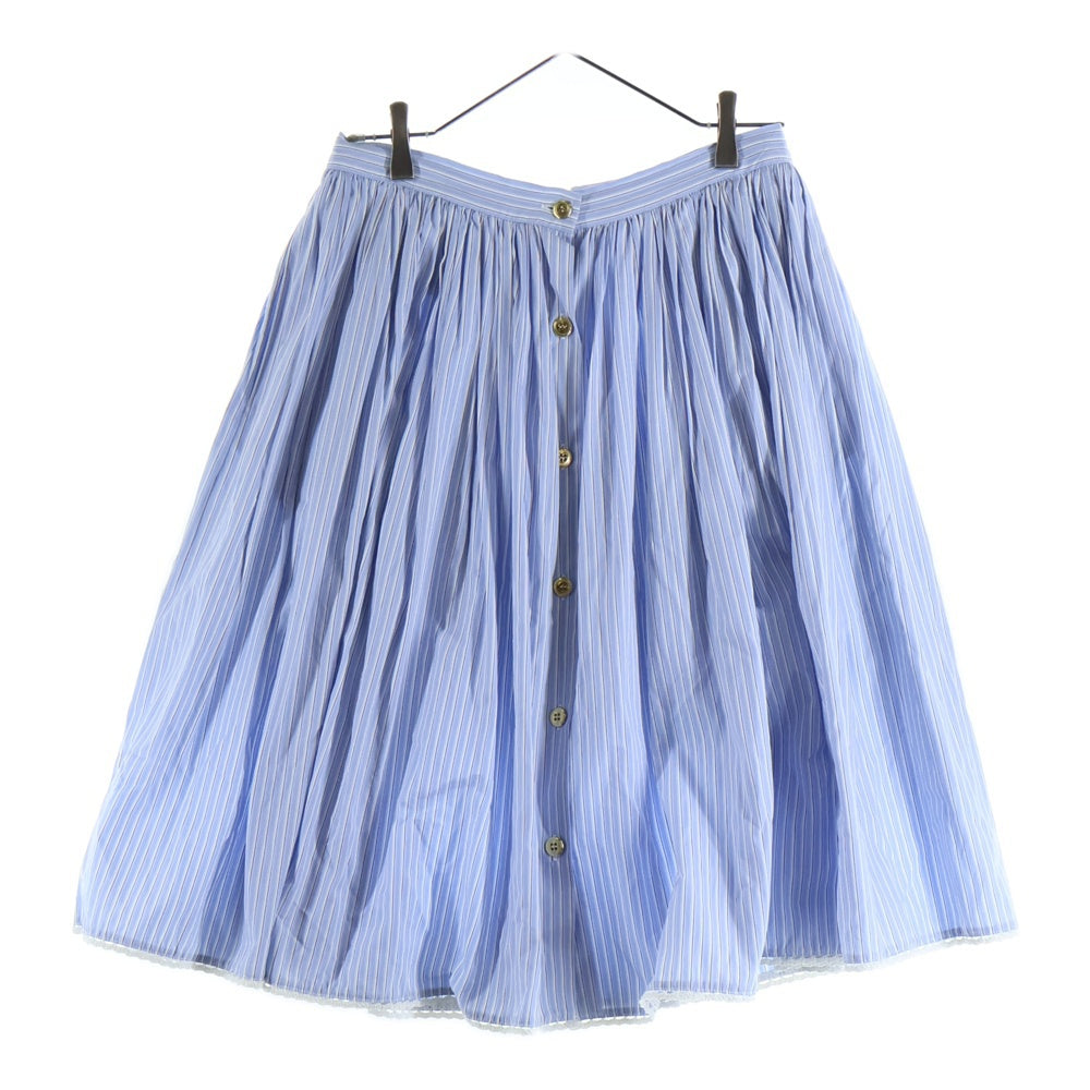 miumiu(ミュウミュウ) 22SS ストライプ総柄 ロゴ刺繍 ゴールドボタン ミディアム フレア スカート ライトブルー レディース MG1817