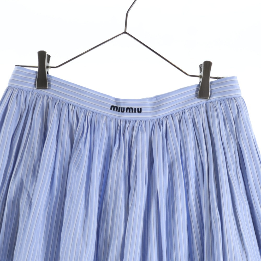 miumiu(ミュウミュウ) 22SS ストライプ総柄 ロゴ刺繍 ゴールドボタン ミディアム フレア スカート ライトブルー レディース MG1817