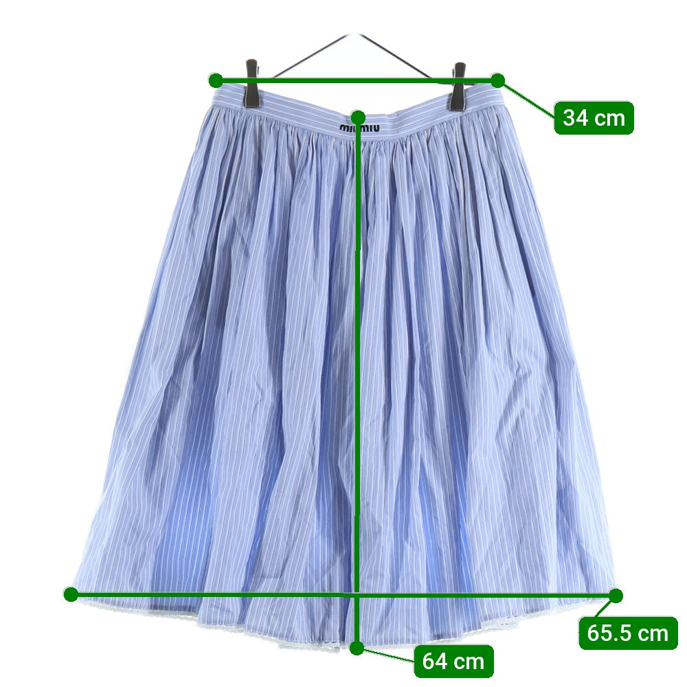 miumiu(ミュウミュウ) 22SS ストライプ総柄 ロゴ刺繍 ゴールドボタン ミディアム フレア スカート ライトブルー レディース MG1817