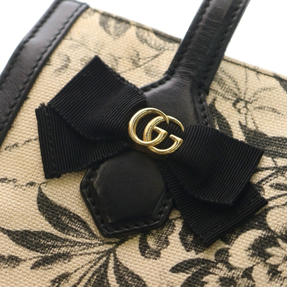 GUCCI(グッチ) GGリボン ハンドバック ミニトートバッグ ブラック×アイボリー レザー×キャンバス 443089 ゴールド金具 レディース